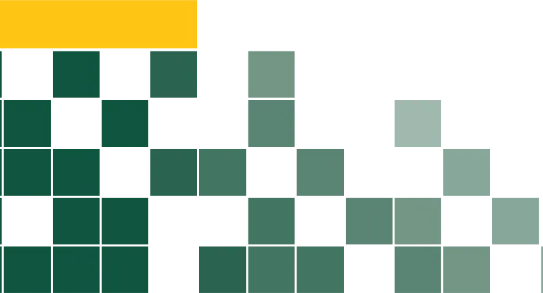 A graphic features dark green blocks mixed with light gray blocks, topped on the right side by a narrow gold rectangle.